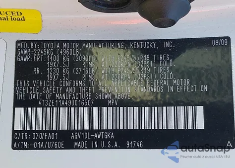 2009 Toyota Venza z USA, uszkodzony, nr VIN 4T3ZE11A49U016507